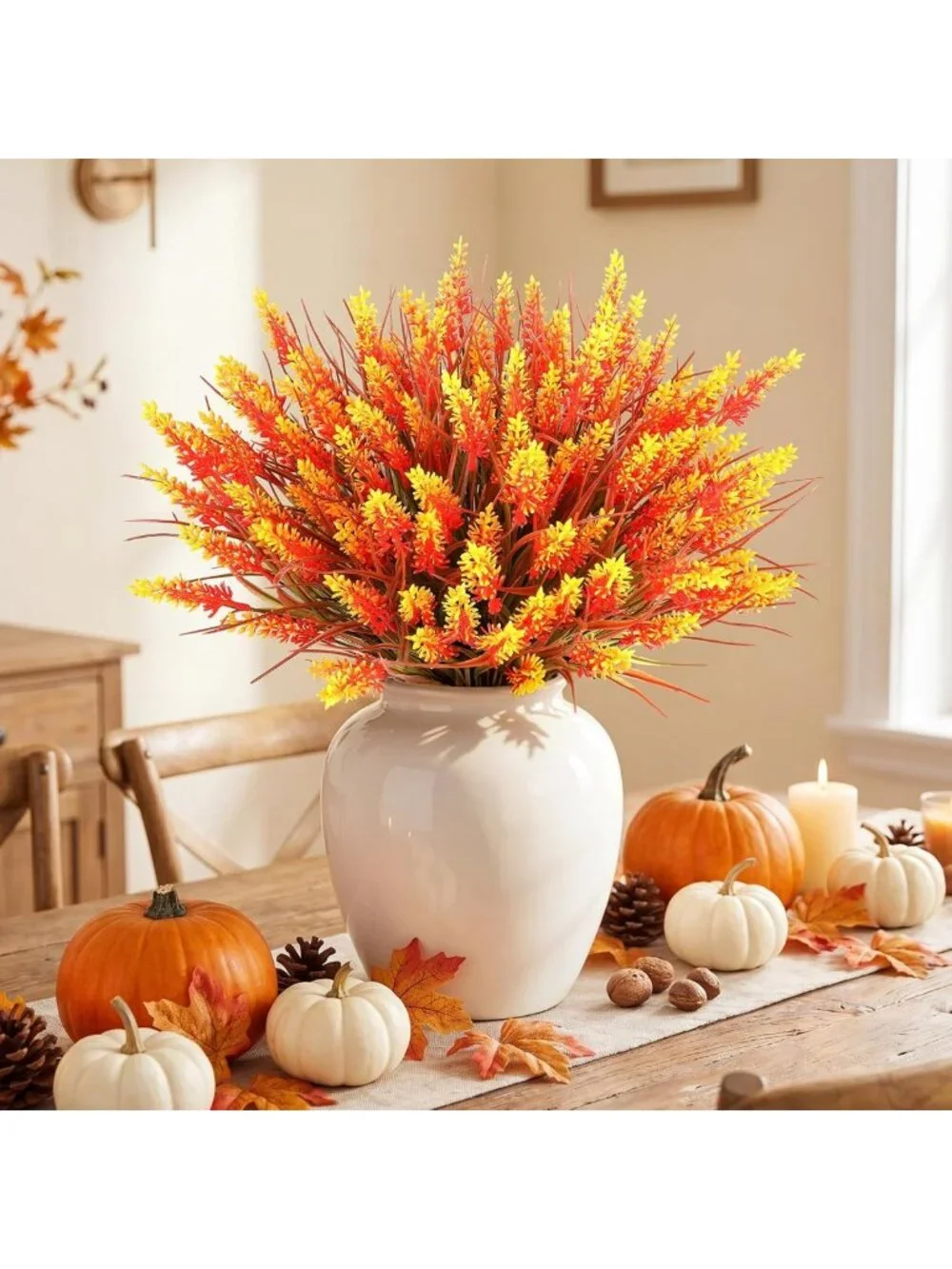 16 Bundles Fall Orange Lavender Flowers & Monkey Grass - UV Resistant Faux